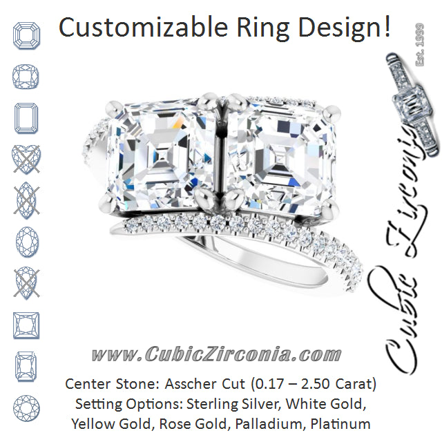 Cubic Zirconia Engagement Ring- The Nellie (Customizable Double Asscher Cut 2-stone Design with Ultra-thin Bypass Band and Pavé Enhancement)