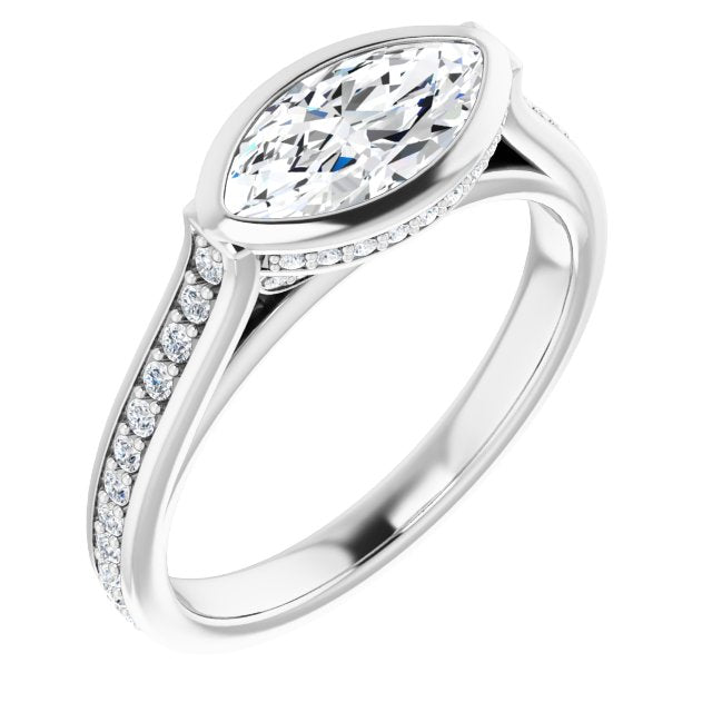 10K White Gold Customizable Cathedral-Bezel Marquise Cut Design with Under Halo and Shared Prong Band