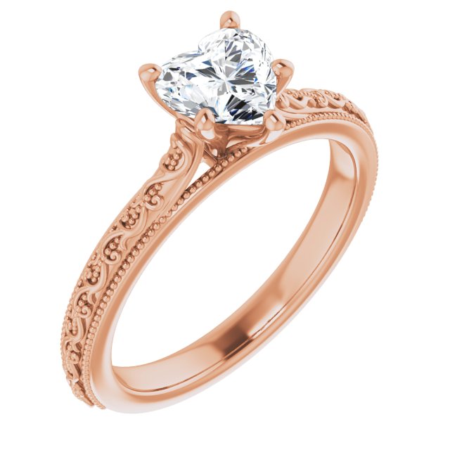 10K Rose Gold Customizable Heart Cut Solitaire with Delicate Milgrain Filigree Band