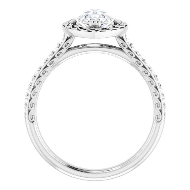 Cubic Zirconia Engagement Ring- The Montserrat  (Customizable Marquise Cut Halo Design with Filigree and Accented Band)