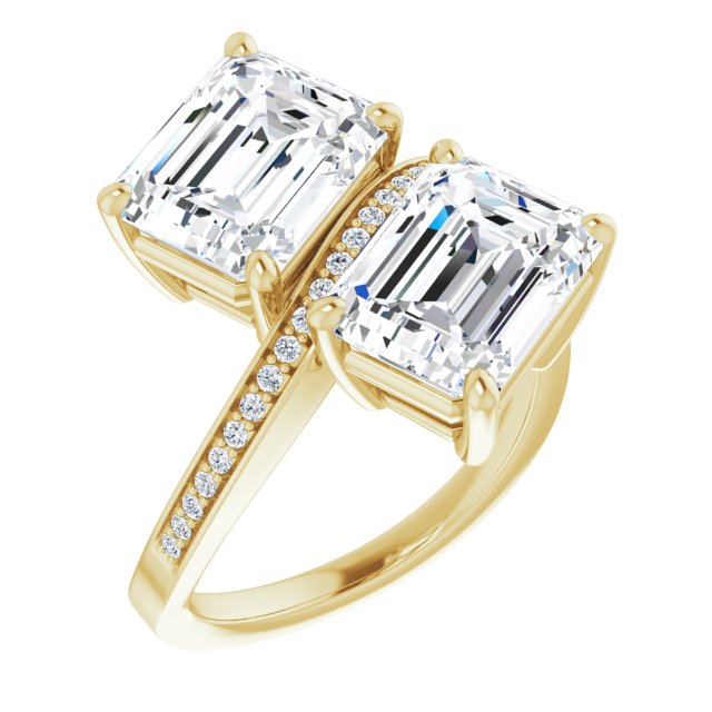 10K Yellow Gold Customizable 2-stone Emerald/Radiant Cut Bypass Design with Thin Twisting Shared Prong Band