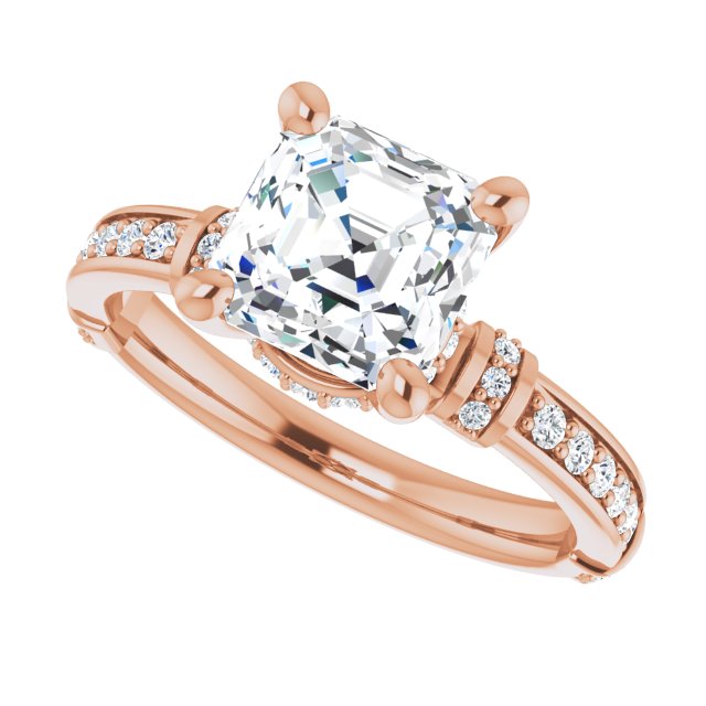 Cubic Zirconia Engagement Ring- The Ambrosia (Customizable Asscher Cut Style featuring Under-Halo, Shared Prong and Quad Horizontal Band Accents)
