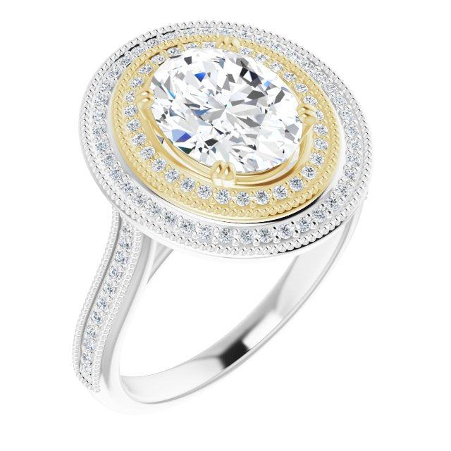 14K White & Yellow Gold Customizable Oval Cut Design with Elegant Double Halo, Houndstooth Milgrain and Band-Channel Accents