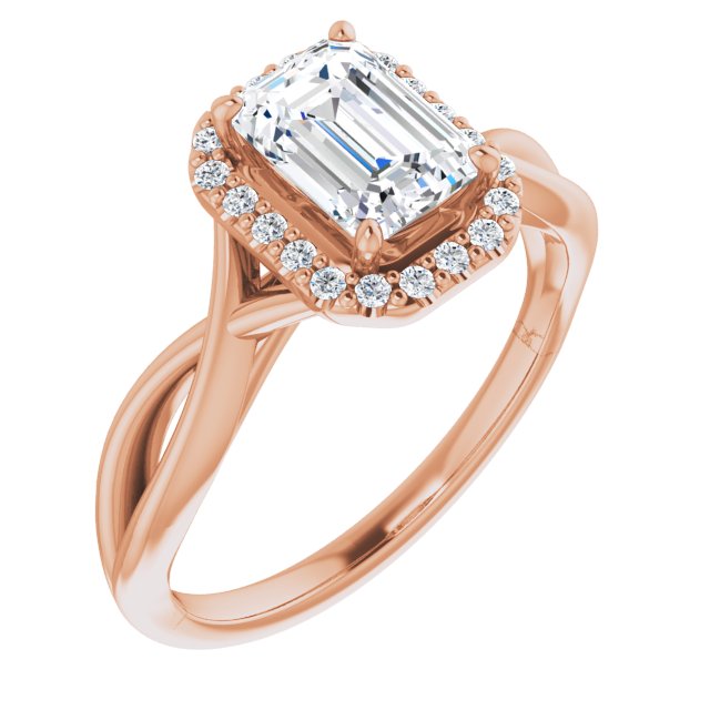 10K Rose Gold Customizable Cathedral-Halo Emerald/Radiant Cut Design with Twisting Split Band