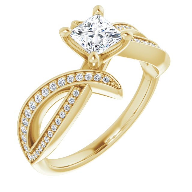 10K Yellow Gold Customizable Princess/Square Cut Design with Swooping Pavé Bypass Band