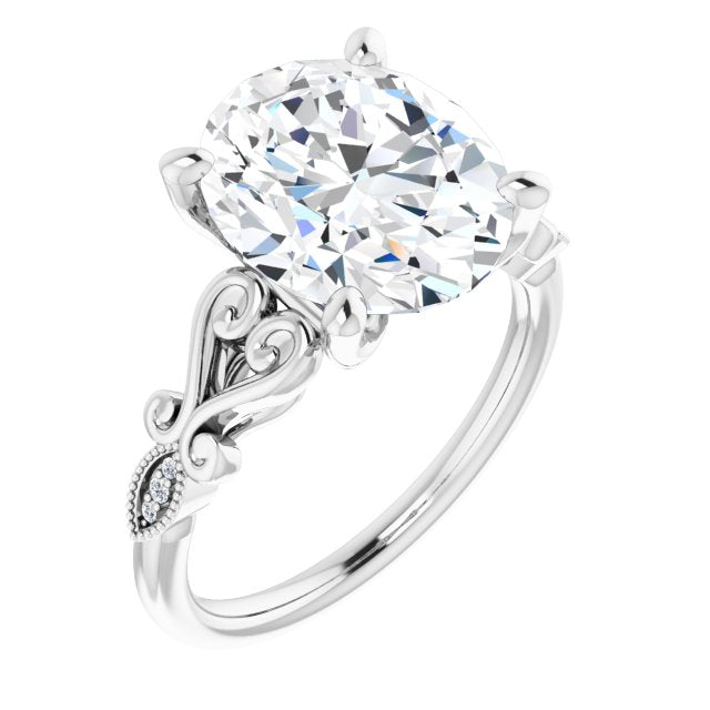10K White Gold Customizable 7-stone Design with Oval Cut Center Plus Sculptural Band and Filigree