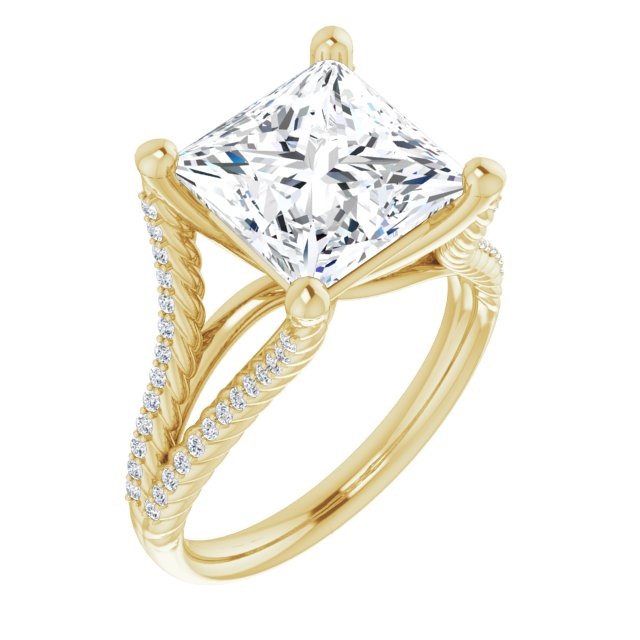 10K Yellow Gold Customizable Princess/Square Cut Style with Split Band and Rope-Pavé