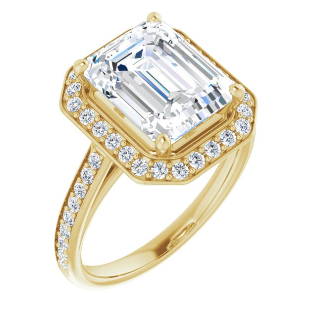 10K Yellow Gold Customizable Cathedral-raised Emerald/Radiant Cut Halo-and-Accented Band Design