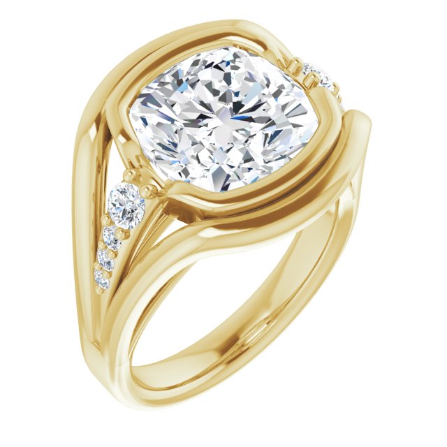 10K Yellow Gold Customizable 9-stone Cushion Cut Design with Bezel Center, Wide Band and Round Prong Side Stones