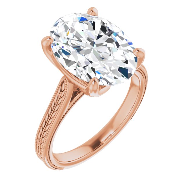 10K Rose Gold Customizable Oval Cut Solitaire with Wheat-inspired Band 