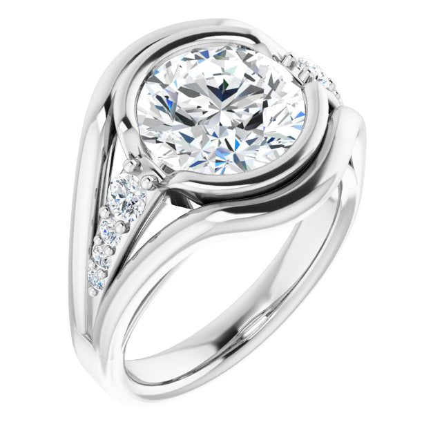 10K White Gold Customizable 9-stone Round Cut Design with Bezel Center, Wide Band and Round Prong Side Stones