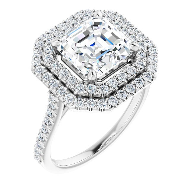 10K White Gold Customizable Double-Halo Asscher Cut Design with Accented Split Band