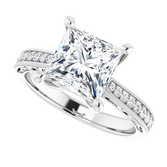 Cubic Zirconia Engagement Ring- The Lina (Customizable Princess/Square Cut Design with Round Band Accents and Three-sided Filigree Engraving)