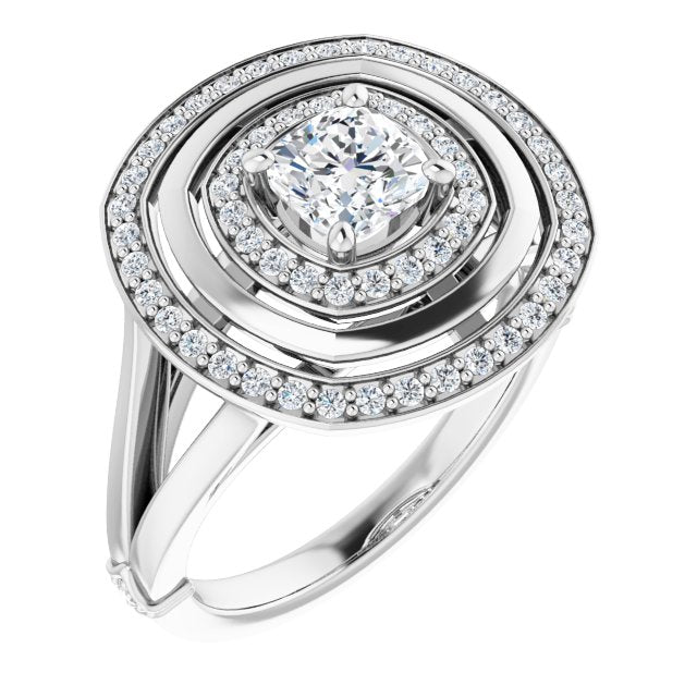 10K White Gold Customizable Cushion Cut Oversized 2x Halo Style with Knuckle Accented Split Band