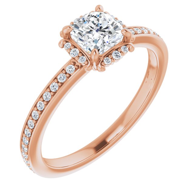 10K Rose Gold Customizable Cushion Cut Style with Halo and Thin Shared Prong Band