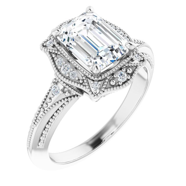 Cubic Zirconia Engagement Ring- The Ashton (Customizable Vintage Radiant Cut Design with Beaded Milgrain and Starburst Semi-Halo)