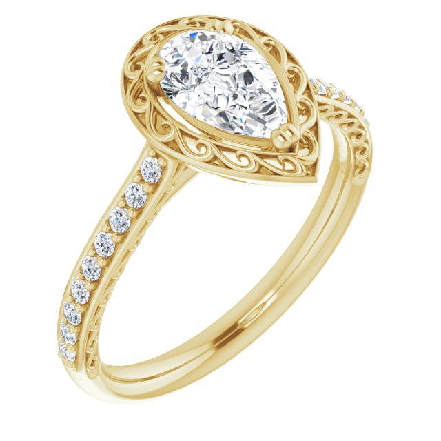 10K Yellow Gold Customizable Pear Cut Halo Design with Filigree and Accented Band