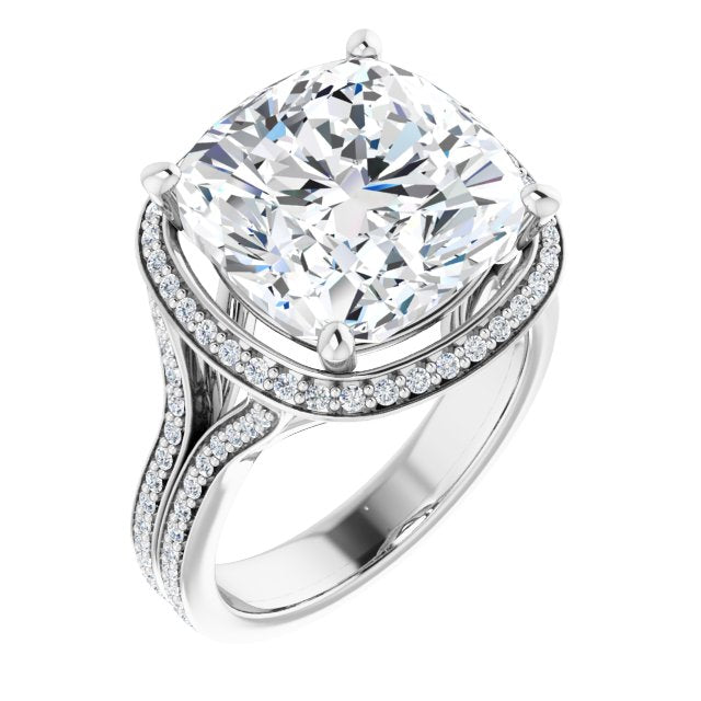 10K White Gold Customizable Cathedral-raised Cushion Cut Setting with Halo and Shared Prong Band