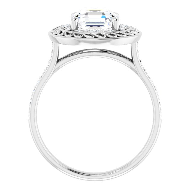 Cubic Zirconia Engagement Ring- The Ariané Contessa (Customizable Cathedral-style Asscher Cut featuring Cluster Accented Filigree Setting & Shared Prong Band)