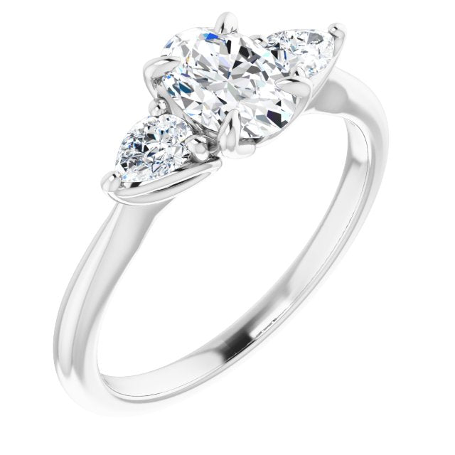 10K White Gold Customizable 3-stone Design with Oval Cut Center and Dual Large Pear Side Stones