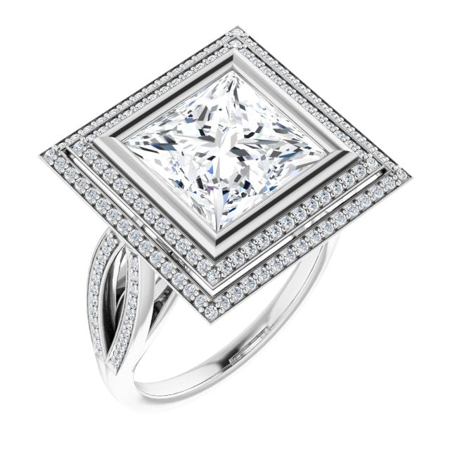 10K White Gold Customizable Bezel-set Princess/Square Cut Style with Double Halo and Split Shared Prong Band