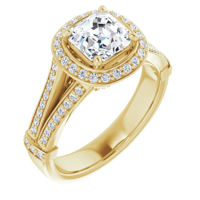 10K Yellow Gold Customizable Asscher Cut Setting with Halo, Under-Halo Trellis Accents and Accented Split Band