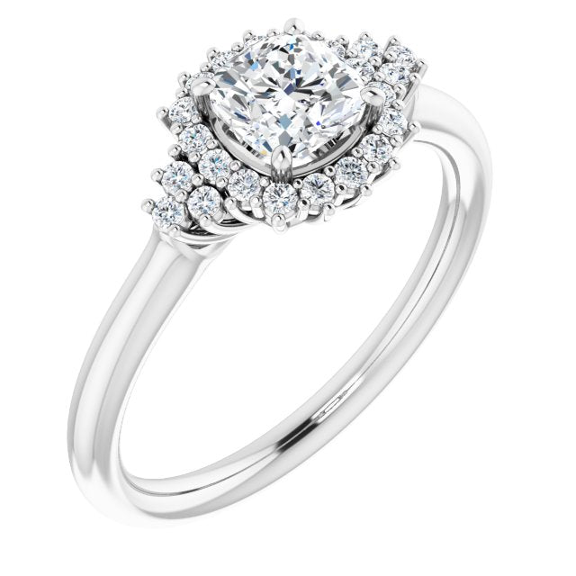 10K White Gold Customizable Cushion Cut Cathedral-Halo Design with Tri-Cluster Round Accents