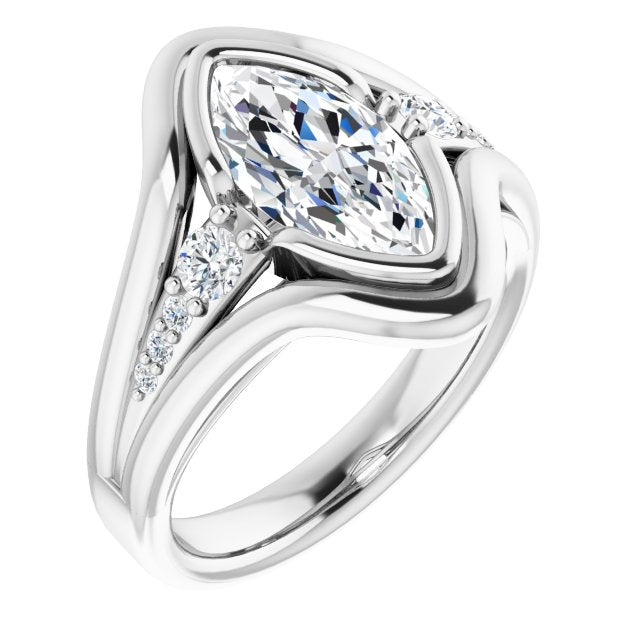 Cubic Zirconia Engagement Ring- The Naira (Customizable 9-stone Marquise Cut Design with Bezel Center, Wide Band and Round Prong Side Stones)