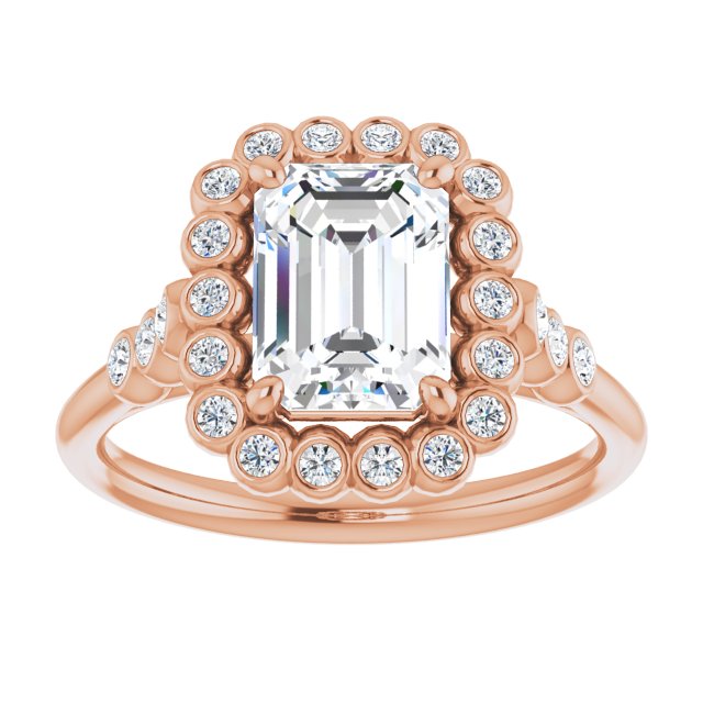 Cubic Zirconia Engagement Ring- The Chandni (Customizable Emerald Cut Cathedral-Style Clustered Halo Design with Round Bezel Accents)