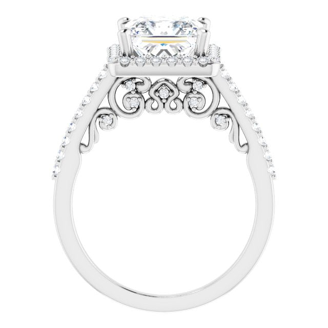 Cubic Zirconia Engagement Ring- The Aiko (Customizable Cathedral-Halo Princess/Square Cut Design with Carved Metal Accent plus Pavé Band)
