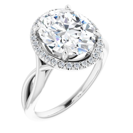 10K White Gold Customizable Cathedral-Halo Oval Cut Design with Twisting Split Band