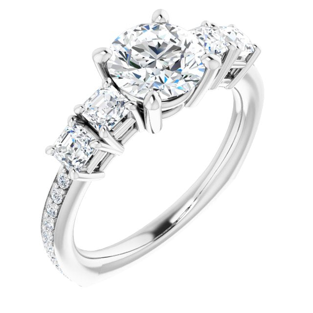 10K White Gold Customizable Round Cut 5-stone Style with Quad Round Accents plus Shared Prong Band