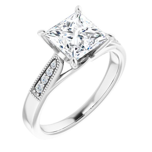 10K White Gold Customizable 9-stone Vintage Design with Princess/Square Cut Center and Round Band Accents