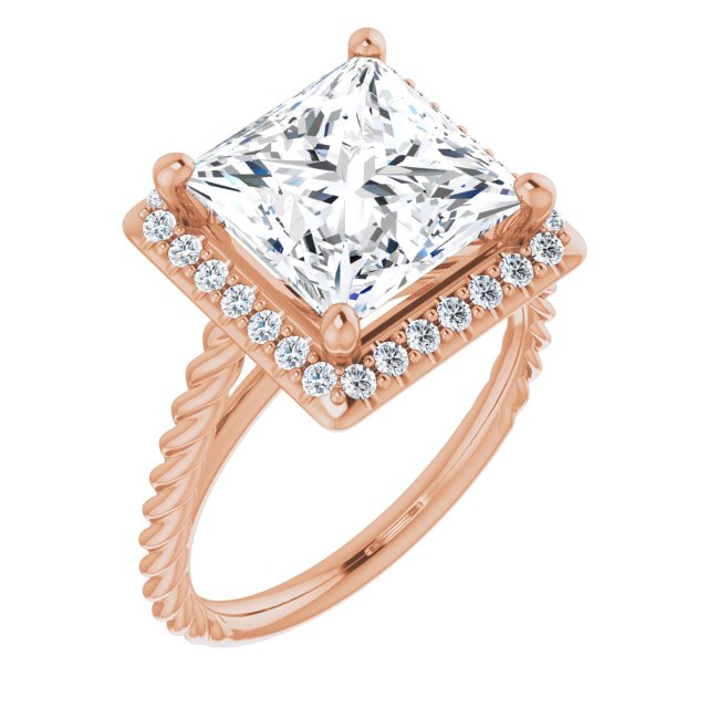 10K Rose Gold Customizable Cathedral-set Princess/Square Cut Design with Halo and Twisty Rope Band