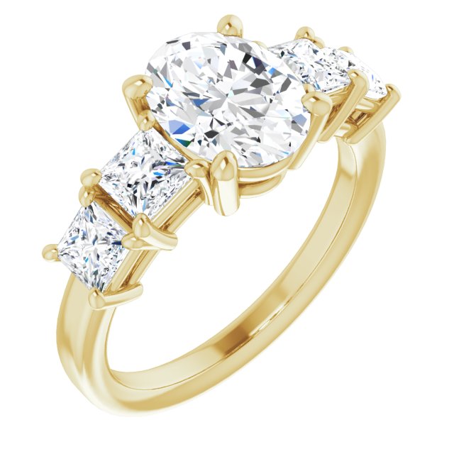 10K Yellow Gold Customizable 5-stone Oval Cut Style with Quad Princess-Cut Accents