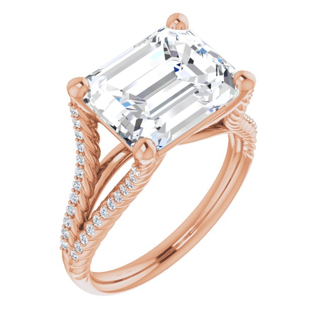 10K Rose Gold Customizable Emerald/Radiant Cut Style with Split Band and Rope-Pavé