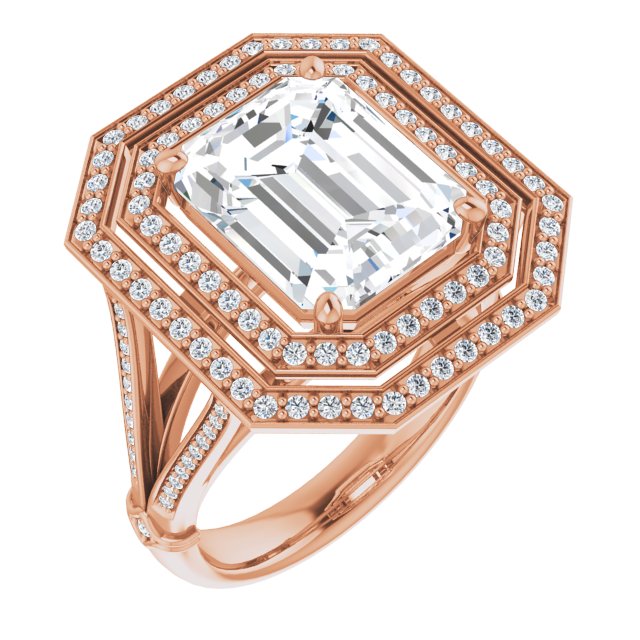 10K Rose Gold Customizable Cathedral-set Emerald/Radiant Cut Design with Double Halo, Wide Split-Shared Prong Band and Side Knuckle Accents