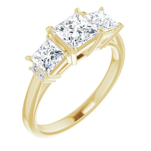 10K Yellow Gold Customizable Triple Princess/Square Cut Design with Quad Vertical-Oriented Round Accents