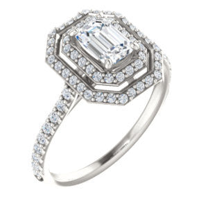 Cubic Zirconia Engagement Ring- The Alisa (Customizable Emerald Cut with Geometric Double Halo)