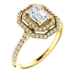 Cubic Zirconia Engagement Ring- The Alisa (Customizable Emerald Cut with Geometric Double Halo)