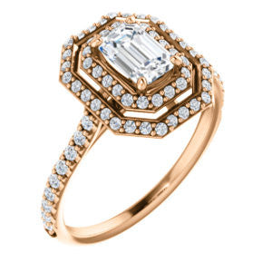 Cubic Zirconia Engagement Ring- The Alisa (Customizable Emerald Cut with Geometric Double Halo)
