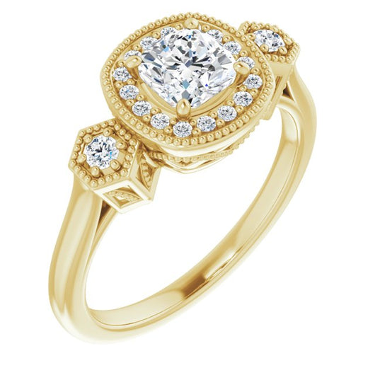 10K Yellow Gold Customizable Cathedral Cushion Cut Design with Halo and Delicate Milgrain