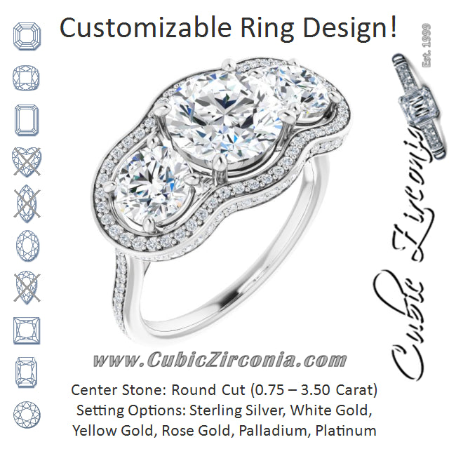 Cubic Zirconia Engagement Ring- The Iekika (Customizable 3-stone Round Cut Design with Multi-Halo Enhancement and 150+-stone Pavé Band)
