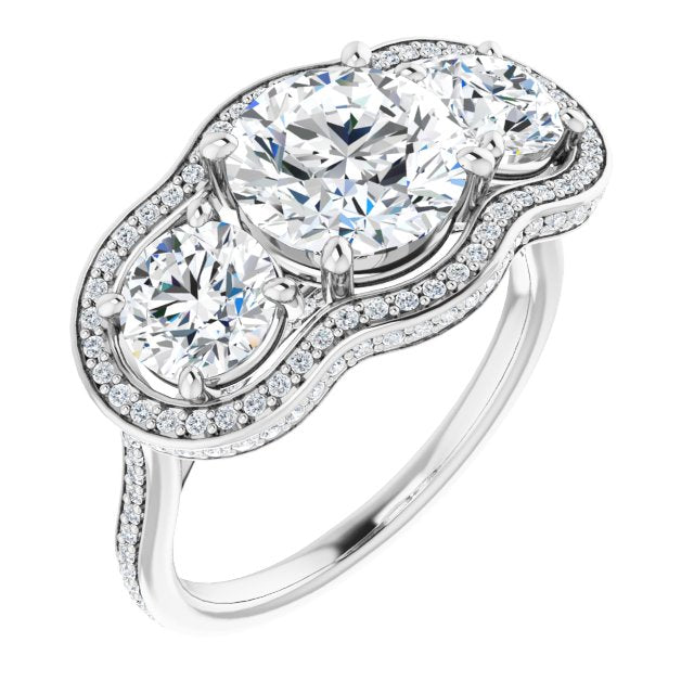 Cubic Zirconia Engagement Ring- The Iekika (Customizable 3-stone Round Cut Design with Multi-Halo Enhancement and 150+-stone Pavé Band)