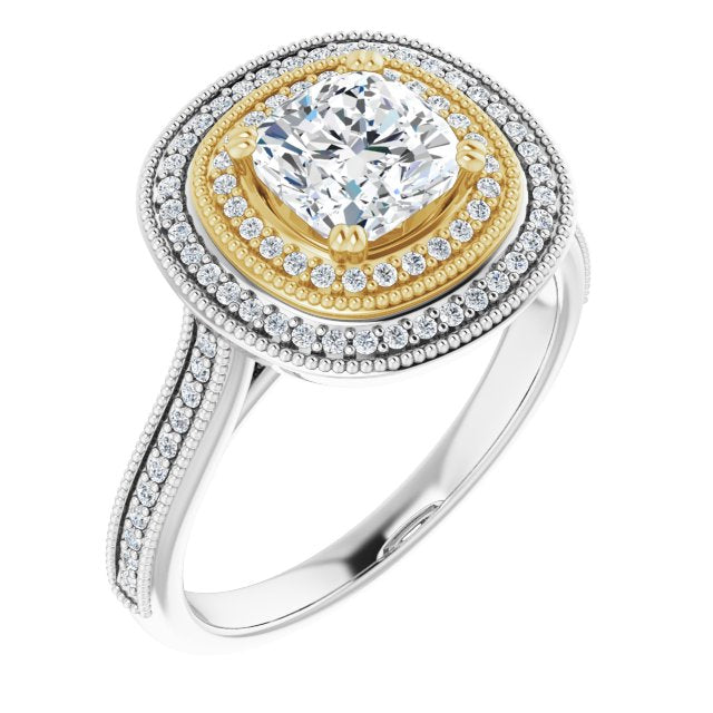 14K White & Yellow Gold Customizable Cushion Cut Design with Elegant Double Halo, Houndstooth Milgrain and Band-Channel Accents