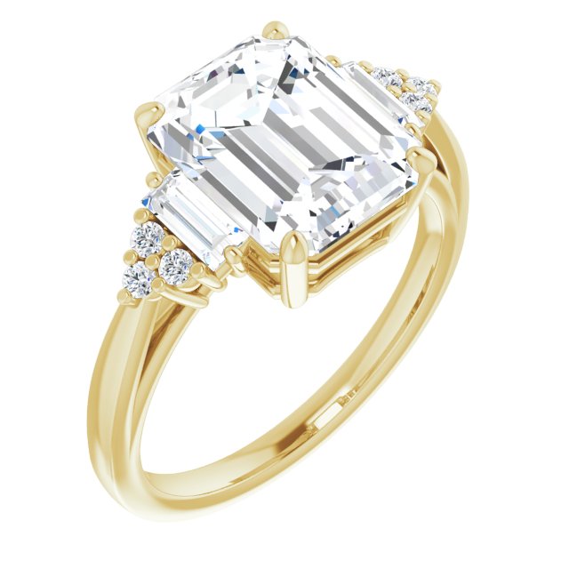 10K Yellow Gold Customizable 9-stone Design with Emerald/Radiant Cut Center, Side Baguettes and Tri-Cluster Round Accents