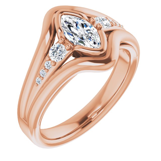 10K Rose Gold Customizable 9-stone Marquise Cut Design with Bezel Center, Wide Band and Round Prong Side Stones