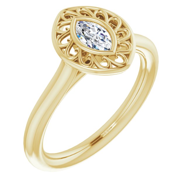 10K Yellow Gold Customizable Cathedral-Bezel Style Marquise Cut Solitaire with Flowery Filigree
