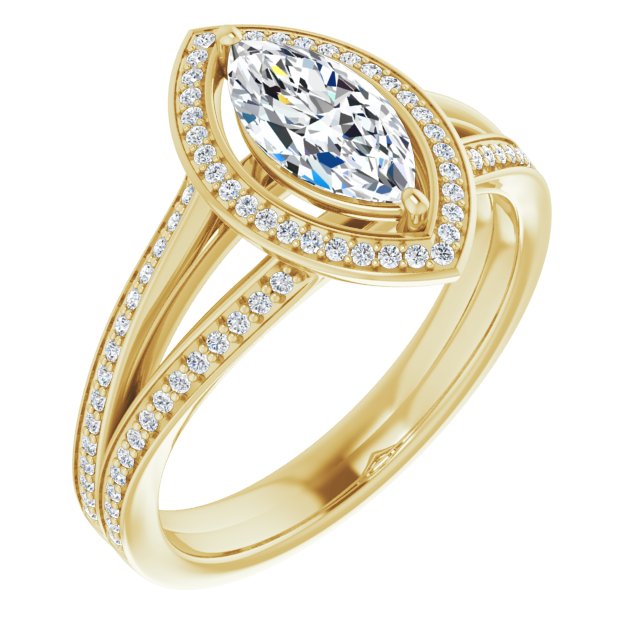 10K Yellow Gold Customizable Marquise Cut Design with Split-Band Shared Prong & Halo