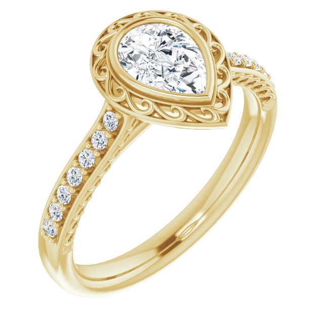 10K Yellow Gold Customizable Cathedral-Bezel Pear Cut Design featuring Accented Band with Filigree Inlay